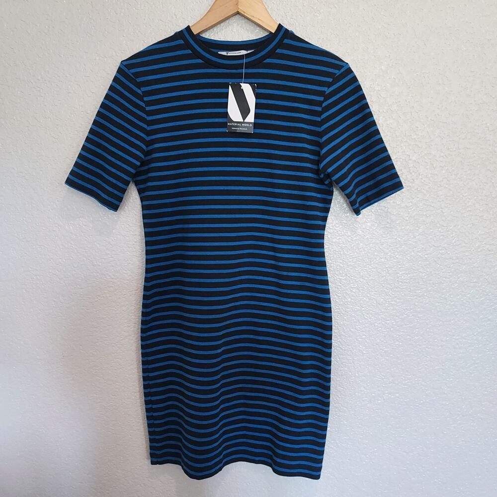 NEW T by Alexander Wang Blue Black Short Sleeve Knee Length Bodycon Dress Sz L